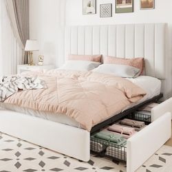 Allewie King Size Storage Bed Frame, Vertical Channel Tufted Adjustable Headboard, Velvet Upholstered Platform Bed with 4 Oversized Underbed Drawers, 