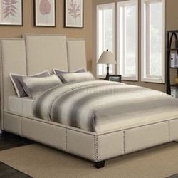 Brand New Beige Upholstered Bed with Nailhead Trim