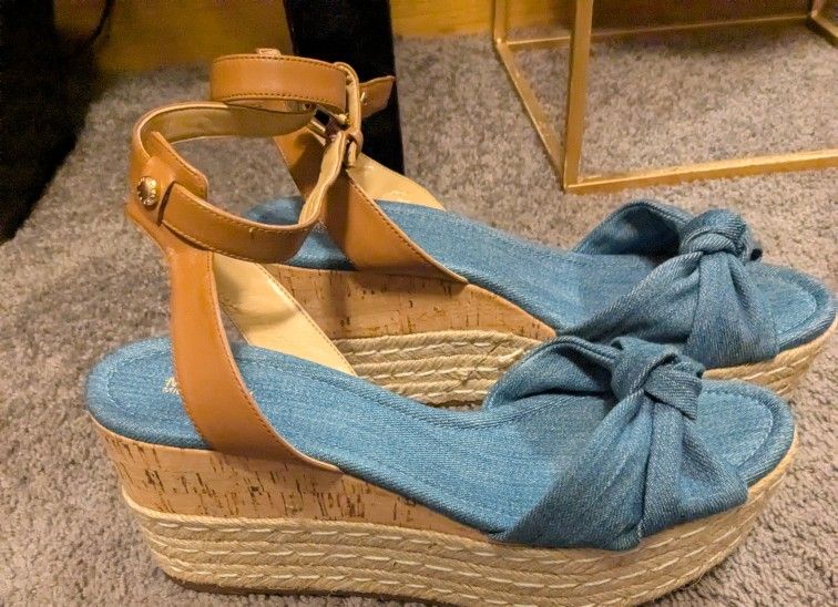 Michael Kors Blue and Tan Wedges with Espadrille Heel