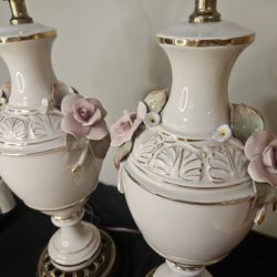 Rare Pair of Vintage Pink Applied Rose Porcelain Table Lamps - Capodimonte / MCM - Berger Swivel Harp Lamp