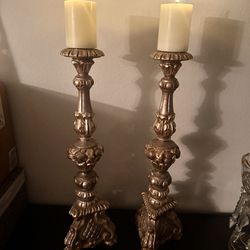 Pair Of Stunning And Ornate Pillar Gilt Wood/Wooden Rustic Baroque Style  Matching Floor Or Desk/Table Candle/Candlestick Holders