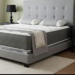 BRAND NEW KING SIZE GRAY LINEN BED FRAME WITH NEW PLUSH MATTRESS/FAST DELIVERY