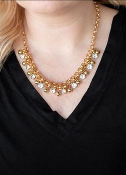 Gold Tone Clear Round Rhinestone Necklace & Drop Earrings Jewelry Set