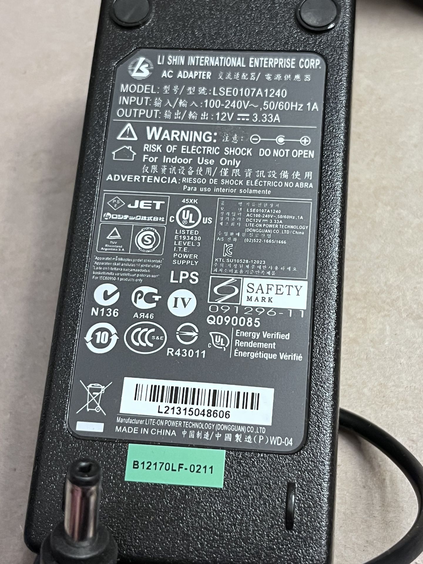 12V 3.33A AC DC Adapter For LI SHIN LSE0107A1240 Switching Power Supply Cord PSU
