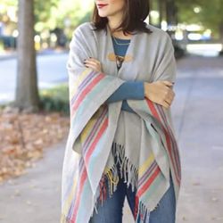 Adorable Soft Poncho With Clasp & Fringe 