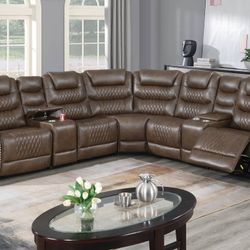 Brand New Brown Leather Gel Power Reclining Sectional Sofa w USB Charger 