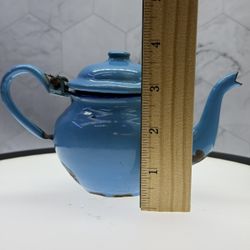 (1) Vintage/Antique RARE Vintage Blue Enamel Ware Teapot Hinged Lid 6" H made in Yugoslavia. As-is. See pics.