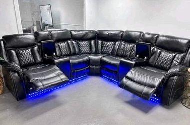 Black Leather Power Recliner Sectional Sofa with LED Lights $50 Down
