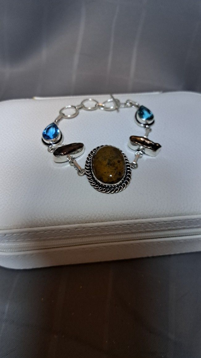 Turquoise Biwa Pearl Moss Agate bracelet 7 to 8 inch