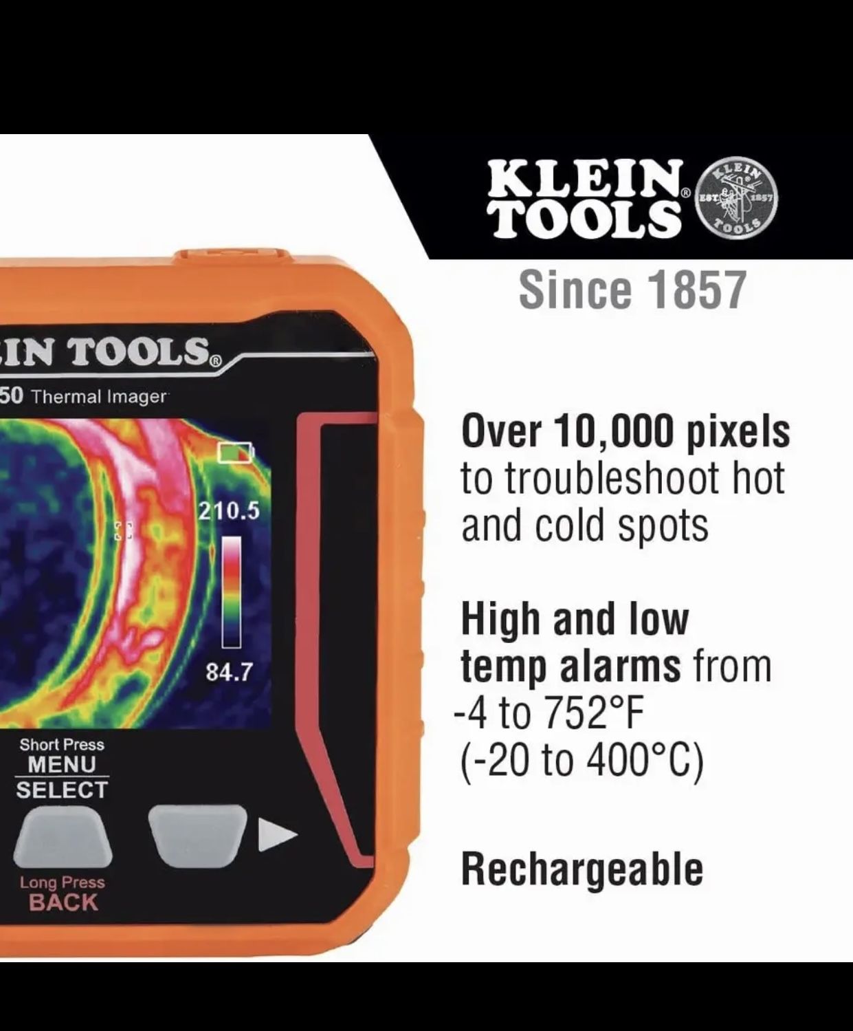 Klein Tools TI250 Rechargeable Thermal Imager, Camera Displays Over