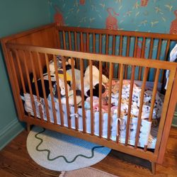 West Elm Mid-Century Crib With Conversion Kit, Mattress, Sheets 