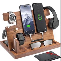 Wooden Docking Station Men, Nightstand Organizer Bundle w/RFID Blocking Leather Wallet - Charging Station, Cell Phone Stand, Tablet Stand, Husband Gif