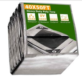 40'x50' Heavy-Duty Poly Tarp Reinforced Canopy, Silver - All Weather Protection Cover - Halloween Sale