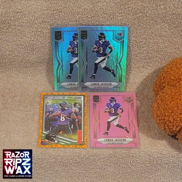 LOT (4) LAMAR JACKSON NFL FOOTBALL CARDS * DONRUSS ELITE SCORE A TREAT PINK