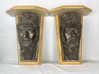 Maitland-Smith Neoclassical Pewter Neptune Figural Wall Shelves (Pair)