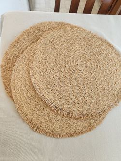 Round Tan Woven Scalloped Fringed table Placemats.
