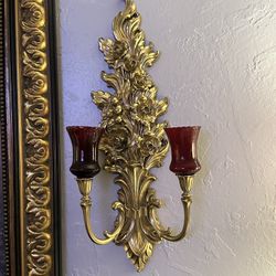 Vintage home interiors wall candleholder with Red glass cups