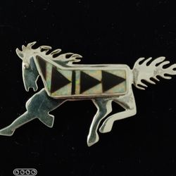 Vtg.Sterling Signed " G" Native Inlaid Onyx& Opal Running Horse Pin