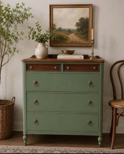 Vintage Olive Green Solid Wood Dresser