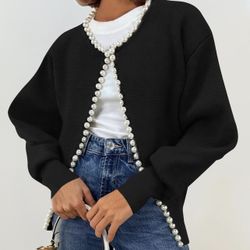 LARGE Women's Open Front Cardigan Sweater  Casual Knitted Long Sleeve Pearls Trim Outerwear Coat Trendy Clothes