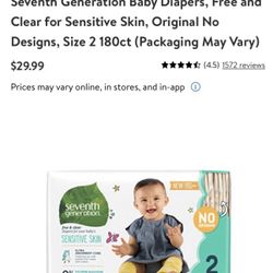 Seventh Generation Baby Diapers, Free and Clear for Sensitive Skin, Original No Designs, Size 2 180ct