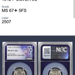 1942 P Silver 5C MS67+ 5FS