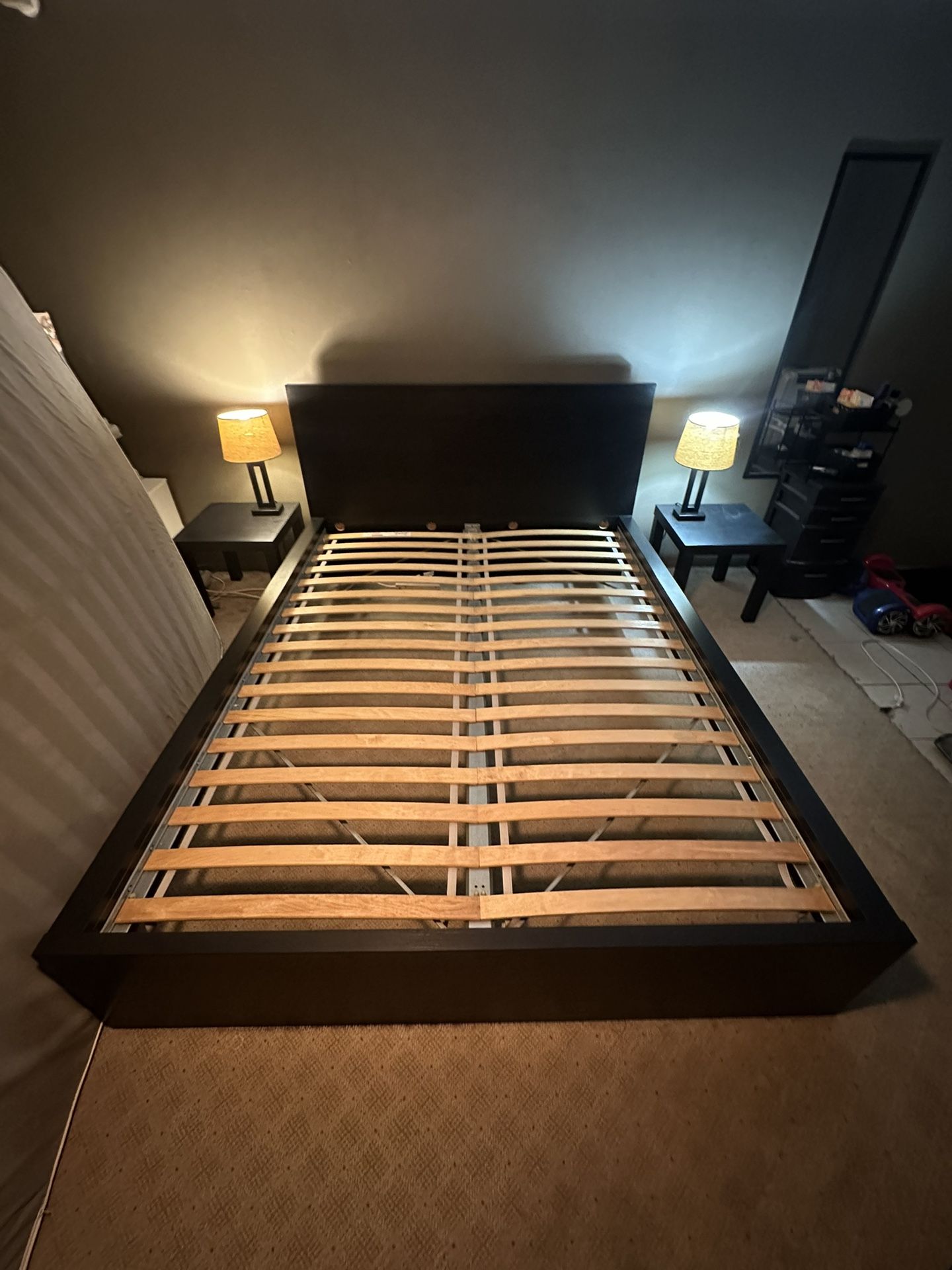 Malm Queen bed frame set with Modern Nightstands and Lamps - Black