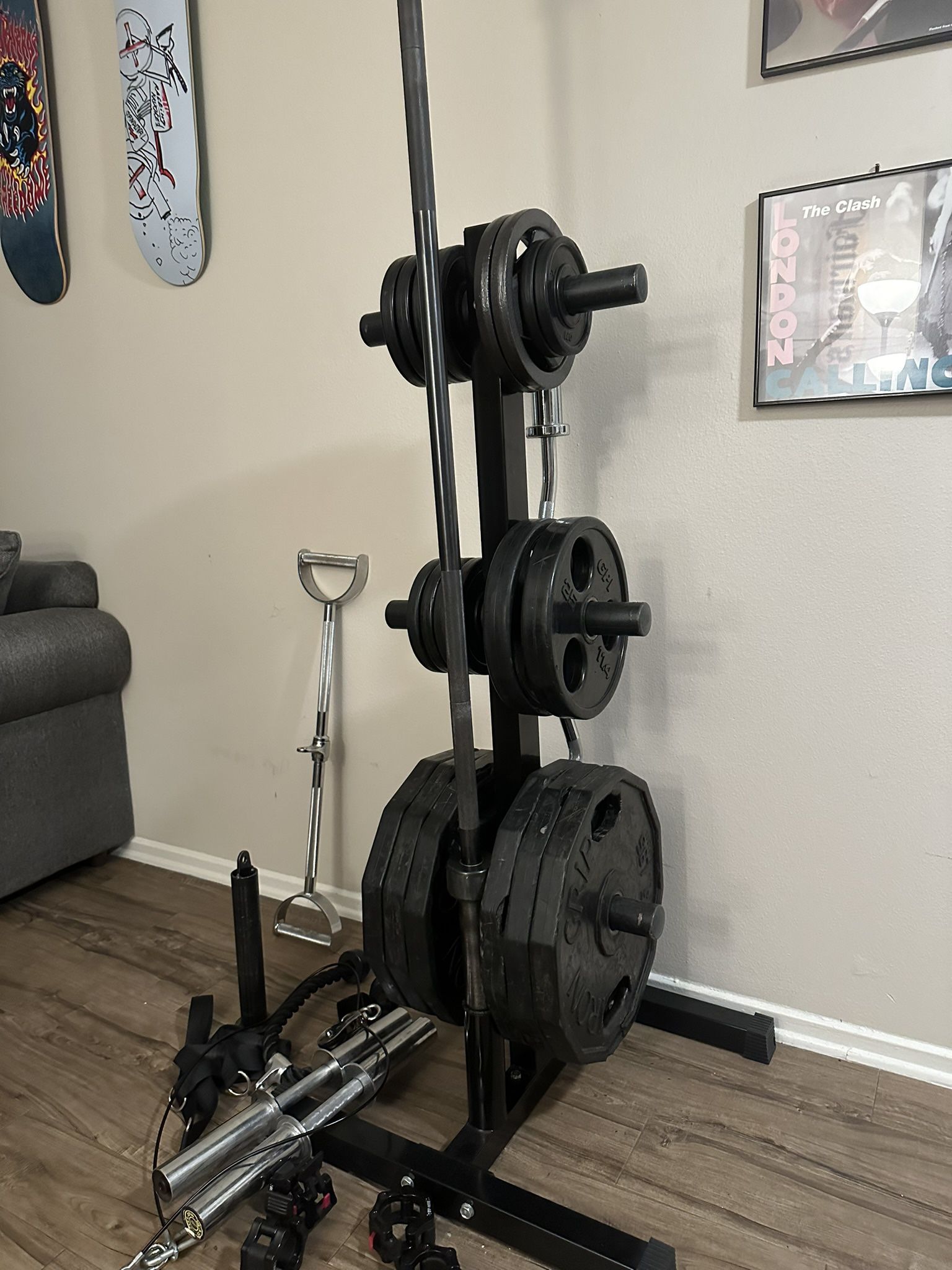 Wright set (385lbs), barbell, curl bar, weight tree, adjustable dumbbells, clips, pulley cable set, and cable attachments