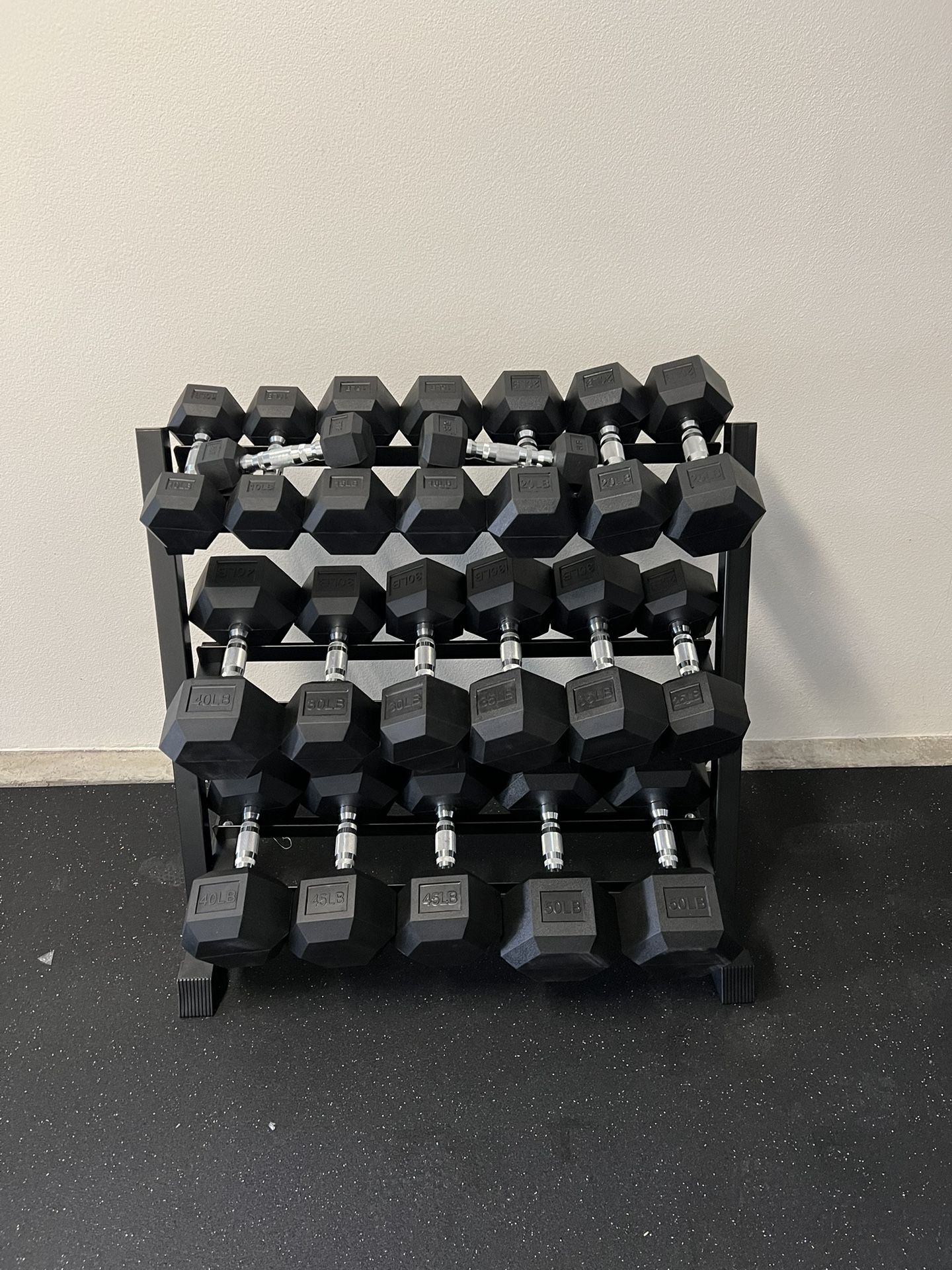 (New In Box) 5-50lb Rubber Hex Dumbbells With 3 Tier Dumbbell Rack Weights - Click On Out Profile For More Gym Equipment