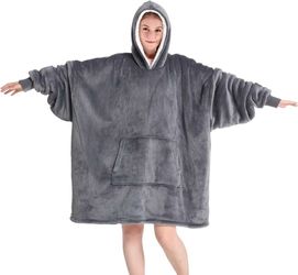 Oversized Microfiber & Sherpa Wearable Blanket Hoodie With Pocket One Size Fits All (Gray)