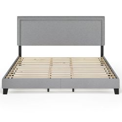 Furinno Laval Double Row Nail Head Upholstered Platform Bed Frame, Gray, King Size