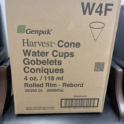 Water Cups - 4 OZ. Rolled Paper Beverage Cone Cups. Brand New in a Factory Sealed Box. Containing 5000 Cups.