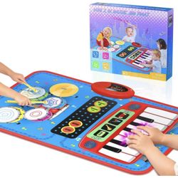 2-in-1 Musical Mat Toys for 12 3 4 5 Year Old, Piano Keyboard & Drum Set with 2 Drum Sticks, Early Educational Musical Learning Toys Birthday for 12 3