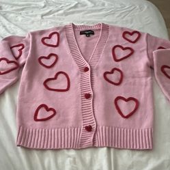 omen's Hearts Graphic Cardigan Sweater Light Pink XS