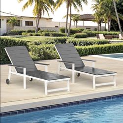 Dark Grey Aluminum Outdoor Chaise Lounge – Set of 2 – 5-Position Adjustable, Wheels, Poolside Ready