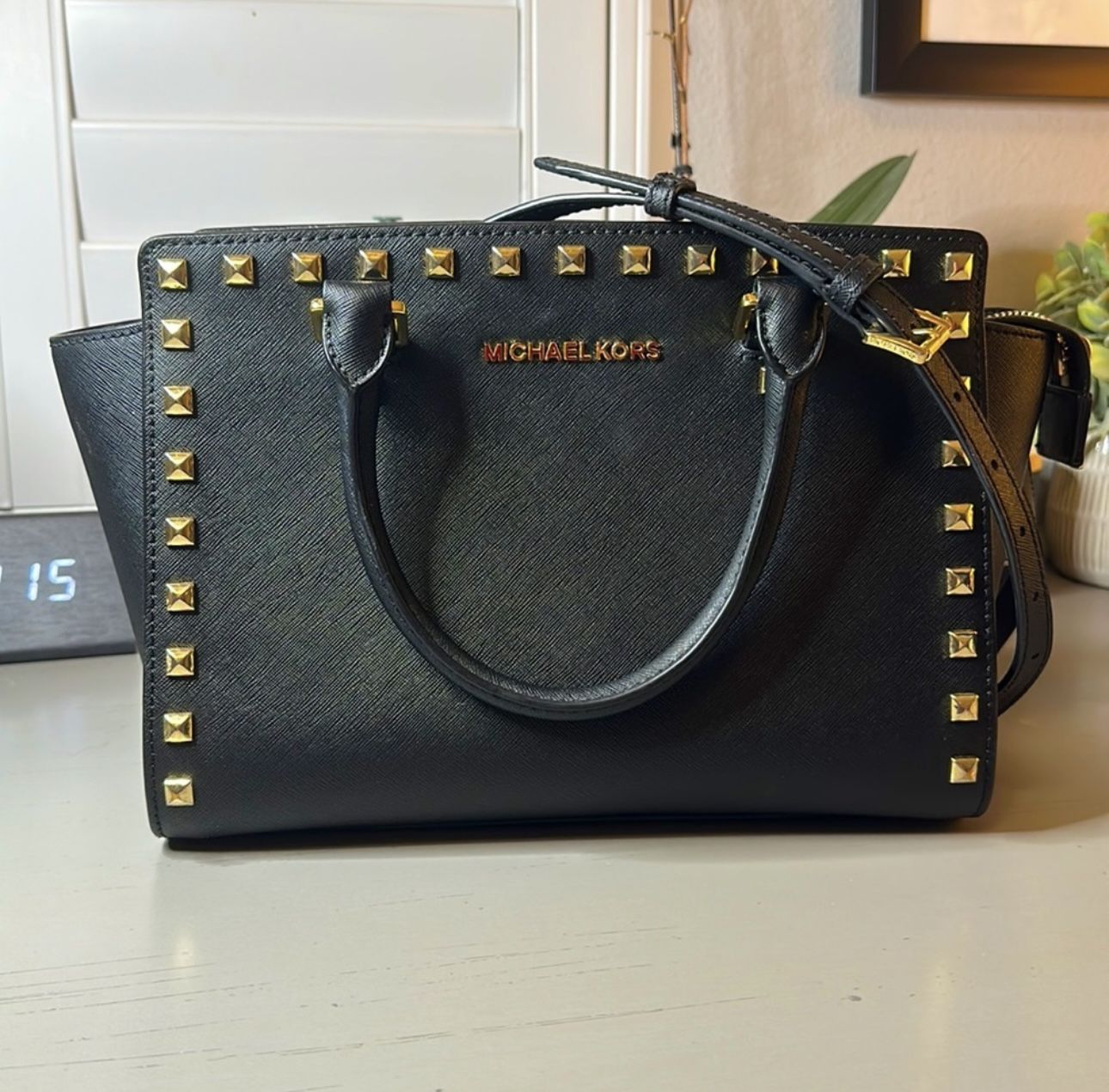 Michael Kors black studded Selma messenger leather crossbody bag