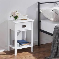 New Two White Nightstands Bedside Table with Drawer and Storage Shelf Bedroom Living Room Night Stand Accent