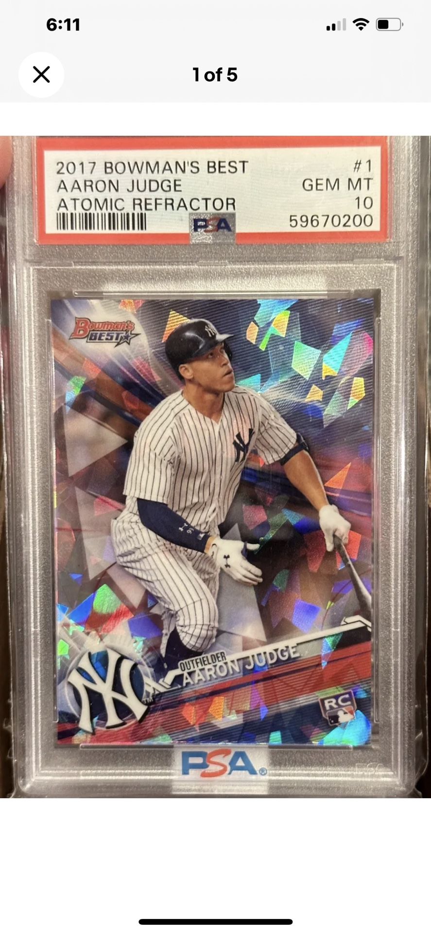 2017 Bowman's Best AARON JUDGE RC ROOKIE ATOMIC REFRACTOR #1 GEM MINT PSA 10