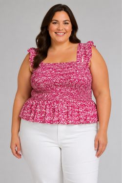 Women's Pink/White Floral Smocked Square Neck Ruffle Peplum Tank 4XL