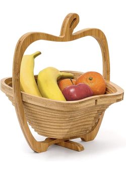 Folding Bamboo Fruit Bowl Holder Basket And Cutting Board Wooden Fruit Bowl With An Apple-Design, Natu