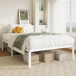 Twin Size Bed Frame, 14 inch Metal Beds with Storage Space, White Heavy-Duty Metal Platform Beds, Large Under-Bed Storage Space, No Box Spring Needed,