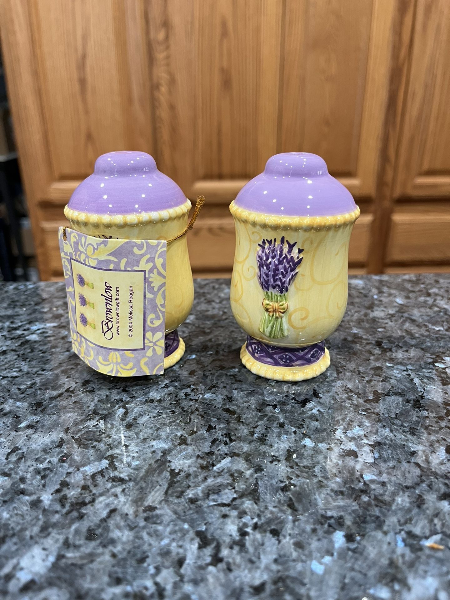 2004 Brownlow (Melissa Reagan) Yellow With Purple Floral Pair Of Salt And Pepper Shakers.  Brand New With Tags 