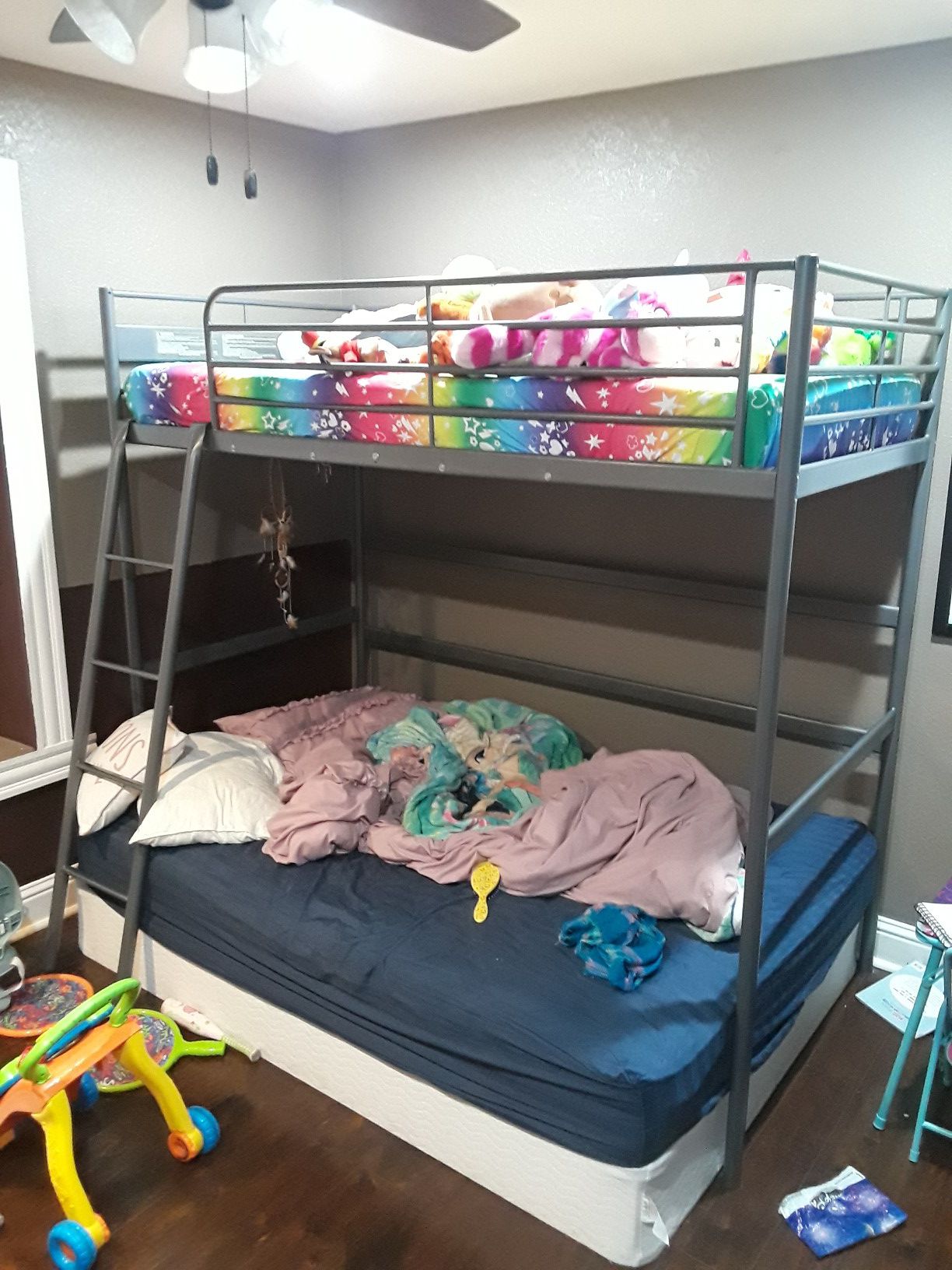 Loft bed frame and twin mattress
