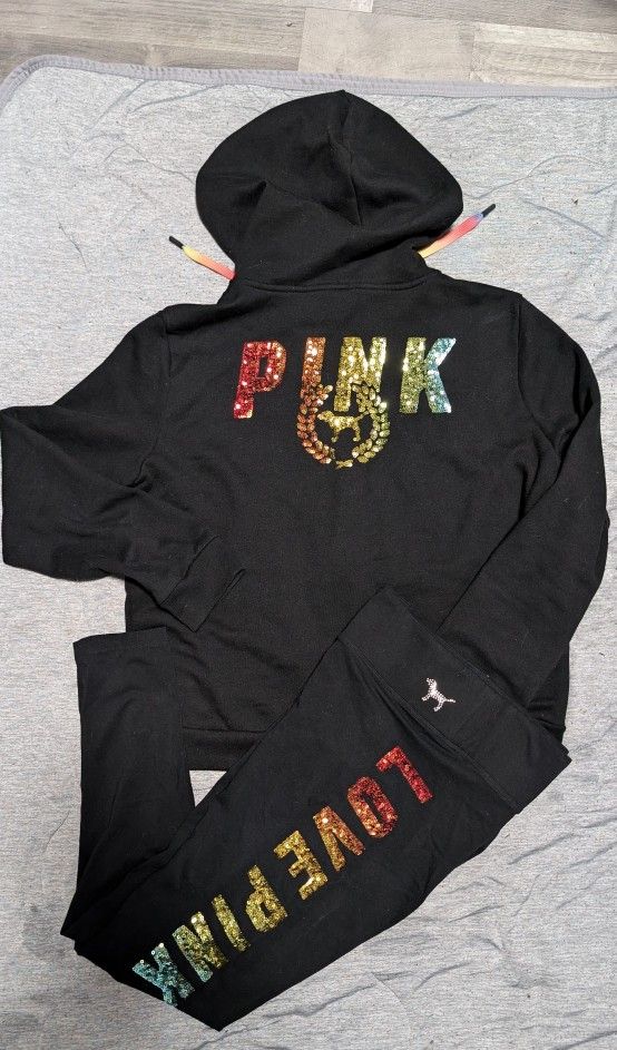 Victoria's Secret PINK Rainbow Bling Zip Up Jacket/Leggings Set. Size L