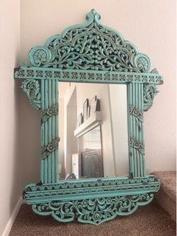 Ornate Hand‑Carved Turquoise Mirror — 51” x 36” — Solid Wood Statement Piece