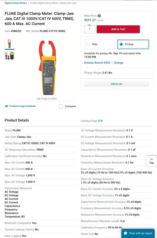 375 FC 600 Amh AC/DC TRMS Wireless Clamp Meter
