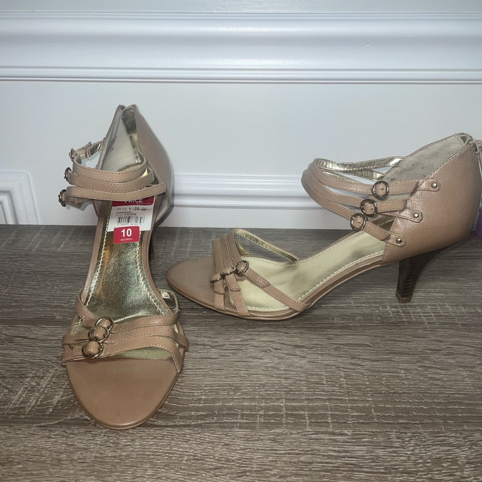 NINE WEST SPIRIT High Heels Ankle Strap Open Toe Sandals Beige Leather SIZE 10 M