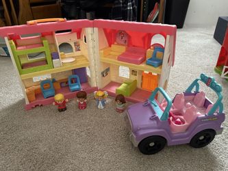 Fisher-Price Little People House (fold & go style) with 4 figures, and jeep