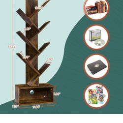 Tree Bookshelf - 7Shelf Retro Floor Standing Bookcase, Tall Wood Book Storage Rack for CDs/Movies/Books, Utility Book Organizer Shelves for Bedroom, 