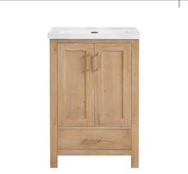Vinnova 24-in Fir Wood Brown Finish Single Sink Bathroom Vanity with White Ceramic Top (Fully Assembled)